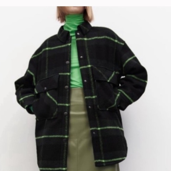 ZARA Oversized Plaid Shacket Coat Neon Green Black Wool Blend Y2K - Picture 1 of 14